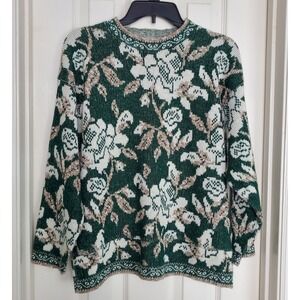 Vintage Green Metallic Floral Rose Lurex Knit Sweater Large